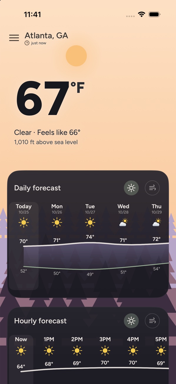 Skyhue's home screen for Atlanta on an iPhone: a drawn clear late morning, 67 degrees, with the daily and hourly forecast cards below