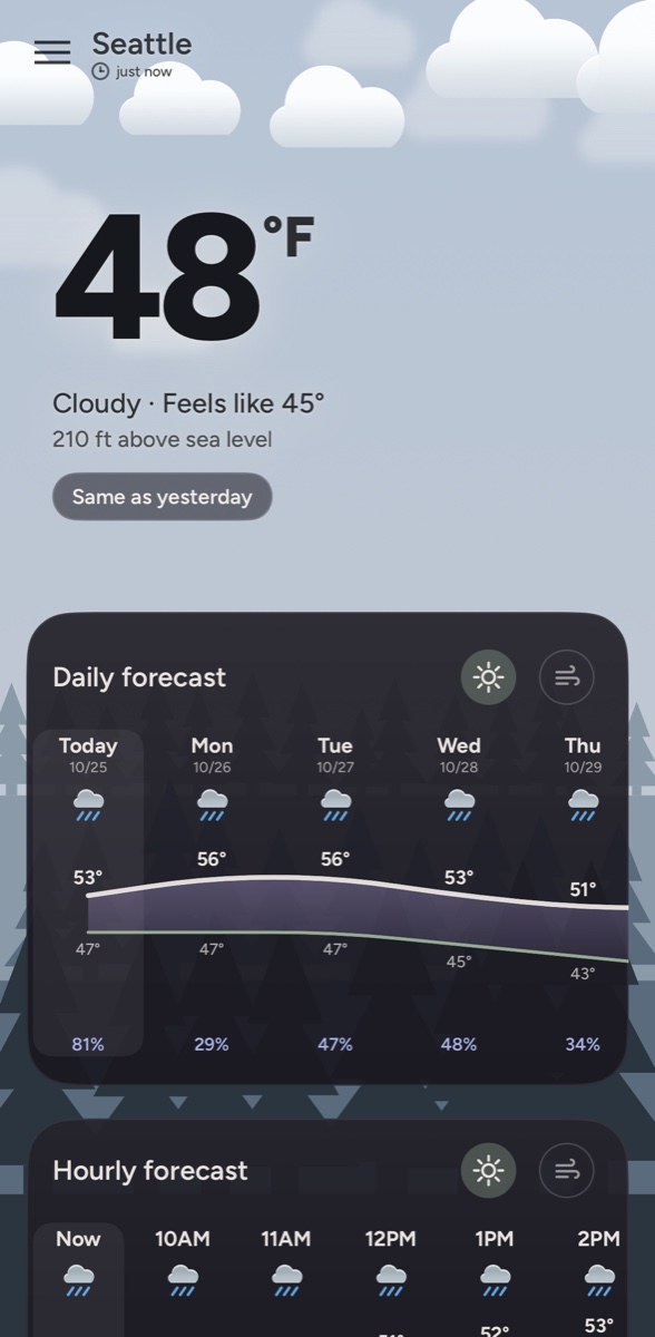 A drawn cloudy day over Seattle: 48 degrees, feels like 45, with the daily forecast card below
