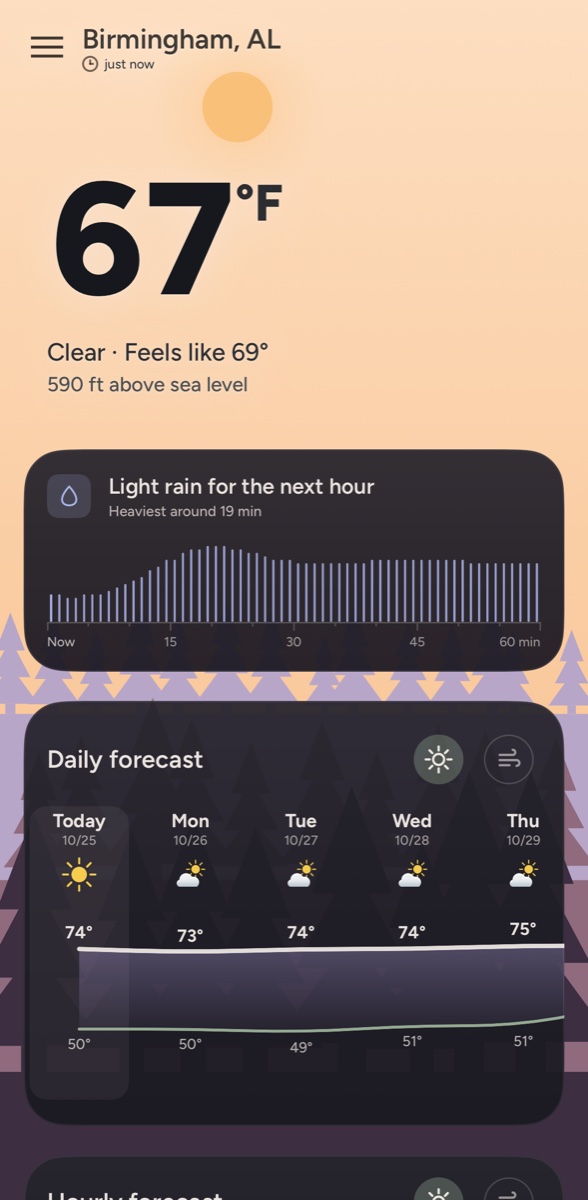Birmingham, Alabama, 67 degrees, with an example next-hour card: light rain for the next hour, heaviest around 19 minutes, drawn as sixty minute marks