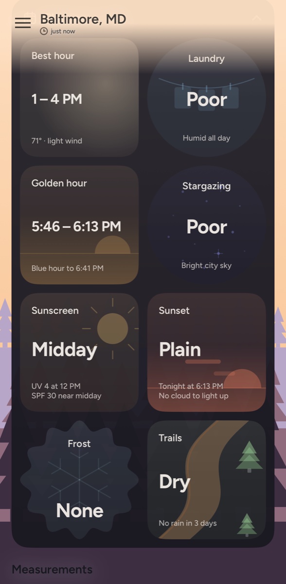 The Planner for Baltimore: Best hour 1 to 4 PM, Laundry poor, Golden hour 5:46 to 6:13 PM, Stargazing poor, Sunscreen midday, Sunset plain, Frost none, Trails dry